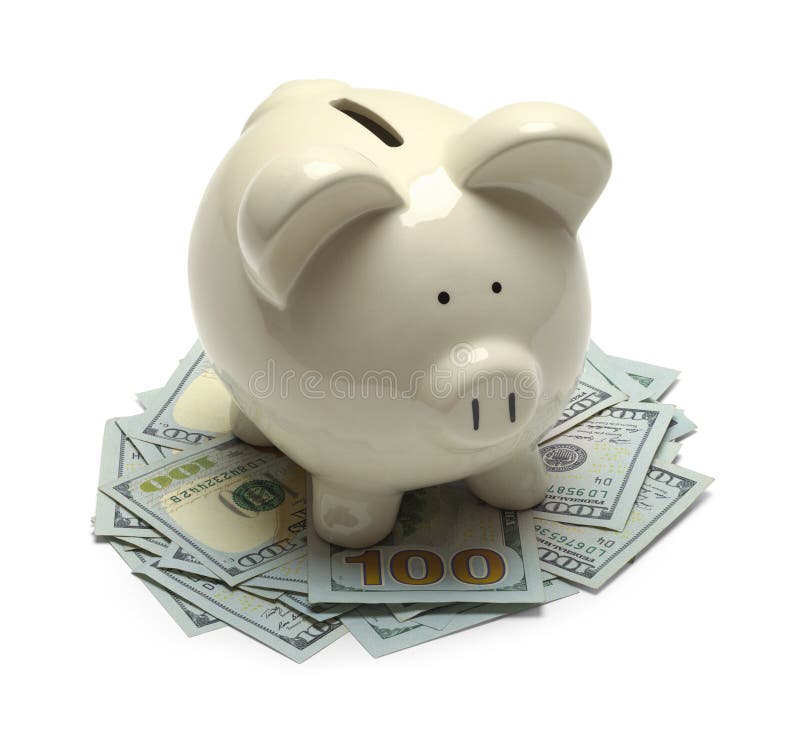 Piggy Bank Standing on Cash Money Isolated on White Background. Piggy Bank Standing on Cash Money Isolated on White Background.