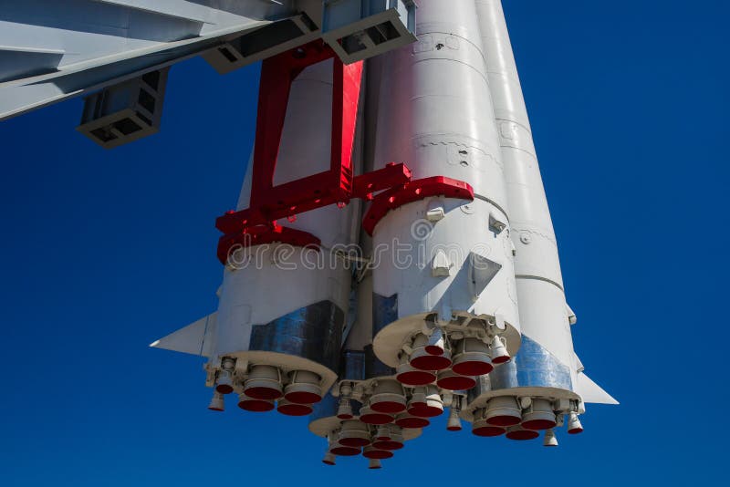 Spacecraft Vostok-1 (East-1) of Yury Gagarin against the background of deep blue sky, closeup view of engines. Spacecraft Vostok-1 (East-1) of Yury Gagarin against the background of deep blue sky, closeup view of engines