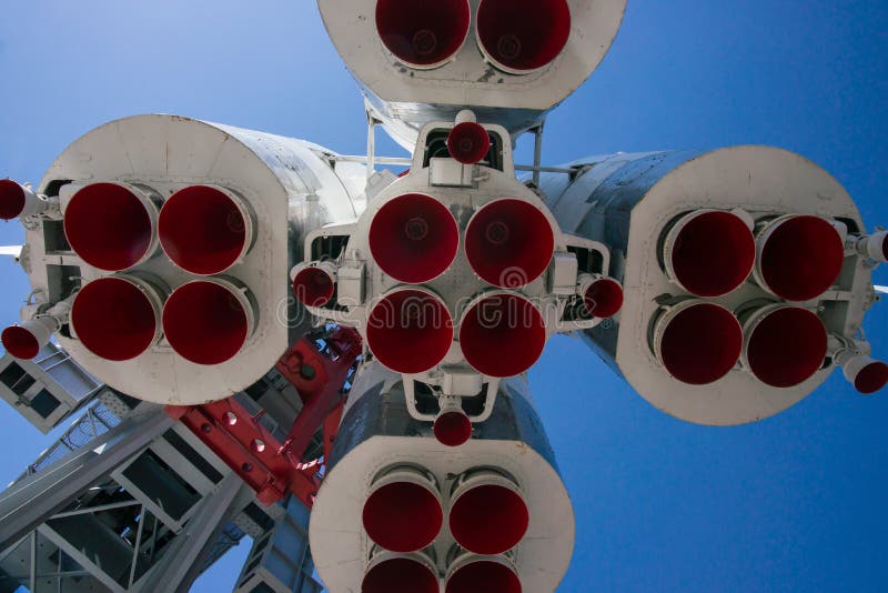 Spacecraft Vostok-1 (East-1) of Yury Gagarin against the background of deep blue sky, closeup view of engines. Spacecraft Vostok-1 (East-1) of Yury Gagarin against the background of deep blue sky, closeup view of engines