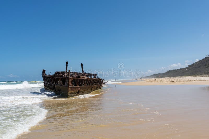 Shipwreck of SS Maheno, an ocean liner from New Zealand which ran aground on Seventy-Five Mile Beach on Fraser Island, Queensland, Australia during a cyclone in 1935 and is now a popular attraction. Shipwreck of SS Maheno, an ocean liner from New Zealand which ran aground on Seventy-Five Mile Beach on Fraser Island, Queensland, Australia during a cyclone in 1935 and is now a popular attraction.