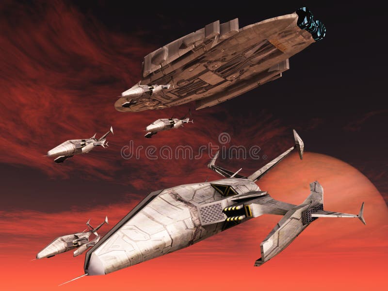 Squadron of fighters descend from space cruiser. Squadron of fighters descend from space cruiser