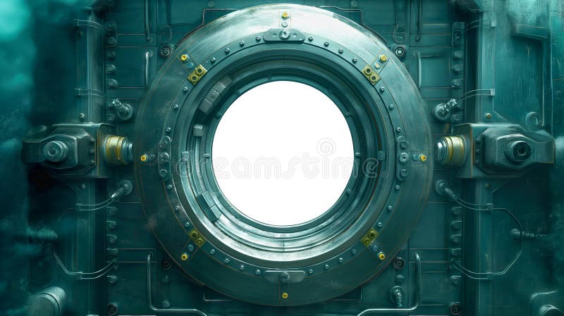 корабль steampunk porthole установлен на ржавом железном корпусе с белым фоном. аи иллюстрация вектора