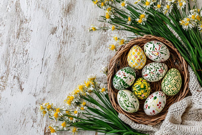Корзина с расписными яйцами лежит на столе рядом с кучей желтых цветов стоковое фото rf