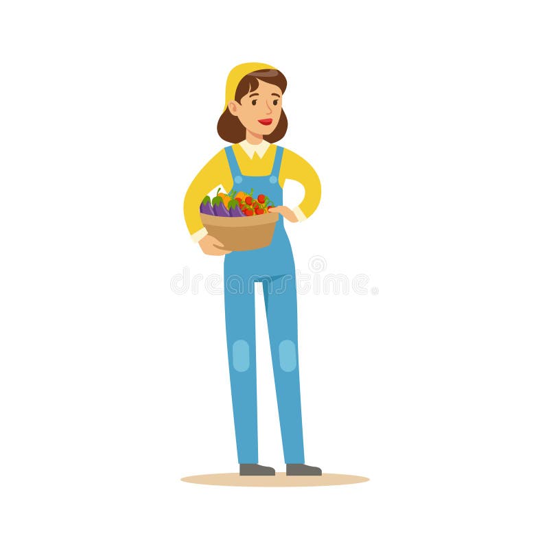 Woman Wirh Basket Of Fresh Vegetables, Farmer Working At The Farm And Selling On Natural Organic Product Market. Cartoon Happpy Character Growing Crops And Animals Professionally Vector Illustration. Woman Wirh Basket Of Fresh Vegetables, Farmer Working At The Farm And Selling On Natural Organic Product Market. Cartoon Happpy Character Growing Crops And Animals Professionally Vector Illustration.