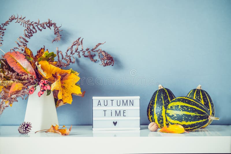 Коробка с текстом AUTUMN TIME, декоративные полосатые тыквы, ваза с букетом падающих листьев и паром на фоне серой синей стены стоковое изображение