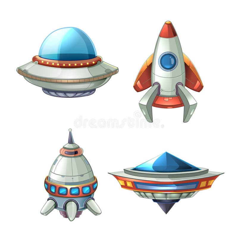 Космический корабль и комплект вектора UFO в стиле шаржа иллюстрация штока