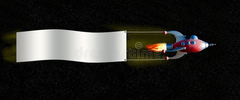 A red and blue space ship pulls a banner through space with a star field backdrop. Add your own copy. A red and blue space ship pulls a banner through space with a star field backdrop. Add your own copy.