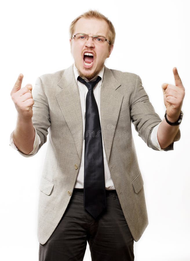 Anger business man in suit shouts (isolated on a white background). Anger business man in suit shouts (isolated on a white background)