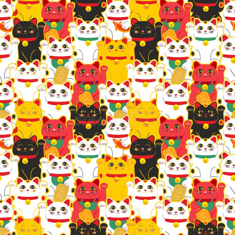 Кот Maneki-neko Безшовная картина с сидя котами нарисованными рукой удачливыми культура палочек шара изолировала японское katana иллюстрация штока