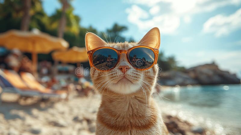 кот в солнечных очках на пляже бесплатная иллюстрация
