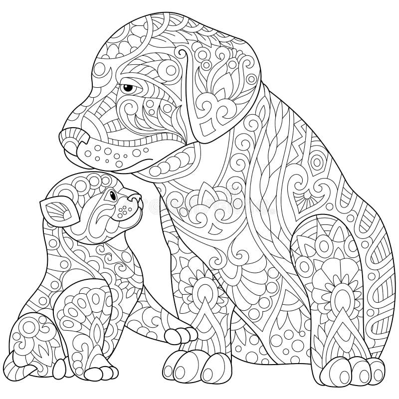 Stylized cute friends cat young kitten and labrador dog puppy. Freehand sketch for adult anti stress coloring book page with doodle and zentangle elements. Stylized cute friends cat young kitten and labrador dog puppy. Freehand sketch for adult anti stress coloring book page with doodle and zentangle elements.