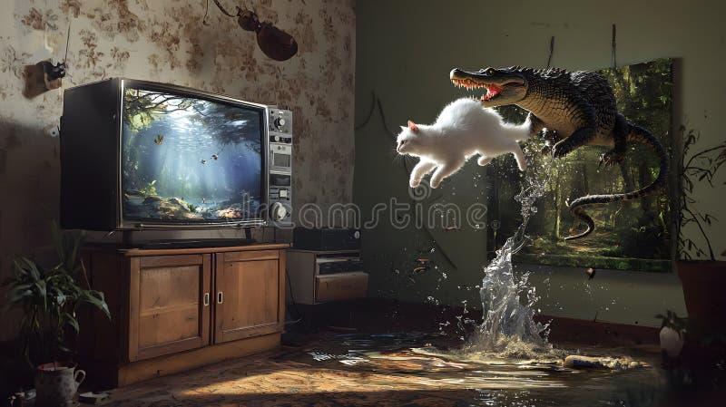 кот прыгает в безопасности от аллигатора атака гостиная digital art surreal среды динамического действия приключение концепция иллюстрация штока