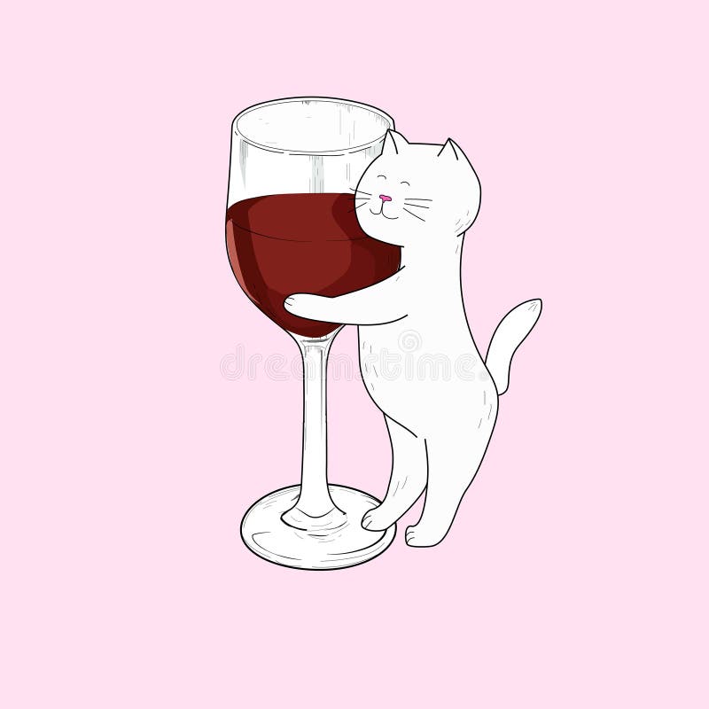 Vector illustration with glass of wine and cat. Funny typography poster, apparel print design with domestic animal and glass of wine.  Light pink background. Vector illustration with glass of wine and cat. Funny typography poster, apparel print design with domestic animal and glass of wine.  Light pink background.