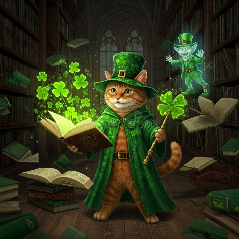 Коты Spellbook A Leprechauns Apprentice иллюстрация штока