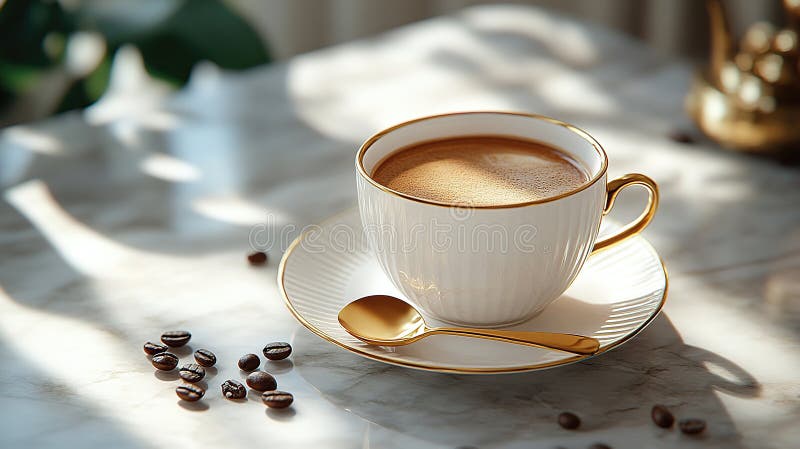 Кофе подается в элегантной чашке с золотыми акцентами на мраморном столе, окруженном кофейными бобами и солнечным светом AI Genera иллюстрация штока