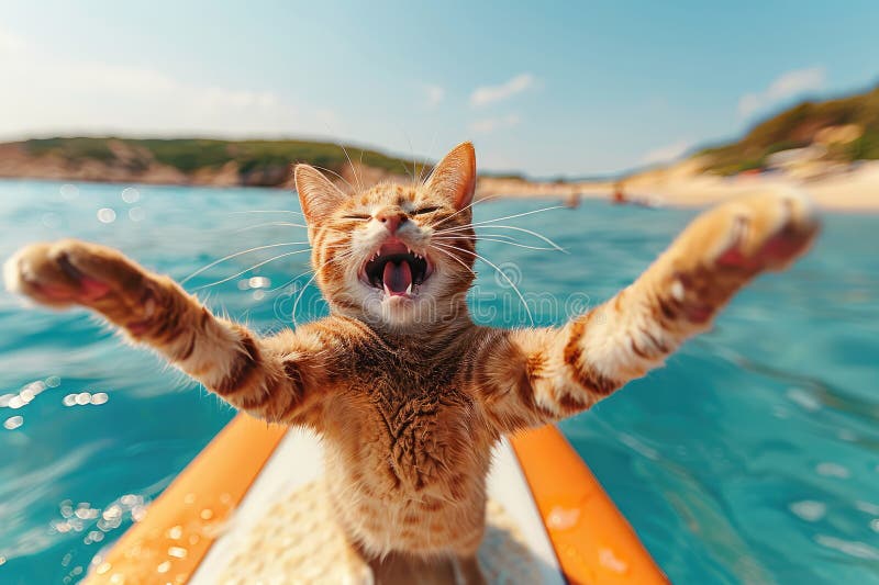 A carnivore cat with sunglasses is sitting in a boat on the ocean, with its mouth open, under a cloudy sky. It seems happy and is gesturing towards a fawn on land AI generated. A carnivore cat with sunglasses is sitting in a boat on the ocean, with its mouth open, under a cloudy sky. It seems happy and is gesturing towards a fawn on land AI generated