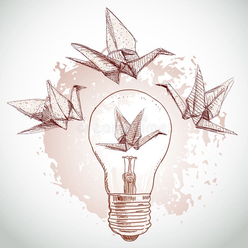 Краны бумаги Origami и светлый эскиз линия на бежевой предпосылке Текстура Grunge вектор иллюстрация штока Краны бумаги Origami и светлый эскиз линия на бежевой предпосылке Текстура Grunge вектор иллюстрация штока