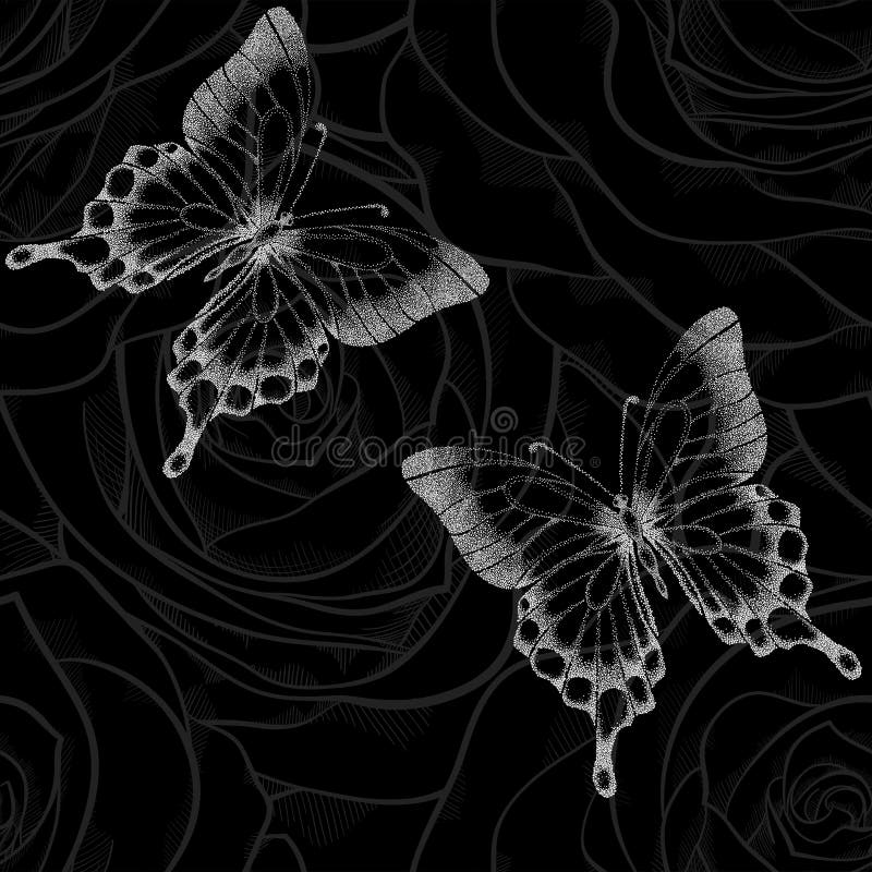 Красивая monochrome черно-белая безшовная предпосылка с бабочками и розами цветков иллюстрация штока Красивая monochrome черно-белая безшовная предпосылка с бабочками и розами цветков иллюстрация штока