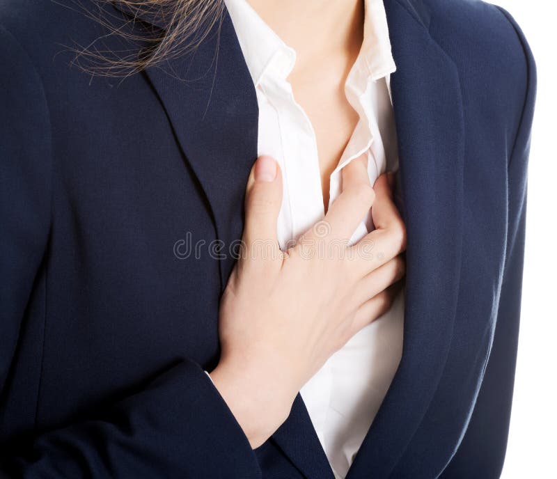 Beautiful business woman touching her chest, feeling unwell. Heart attach, health concept. Isolated on white. Beautiful business woman touching her chest, feeling unwell. Heart attach, health concept. Isolated on white.