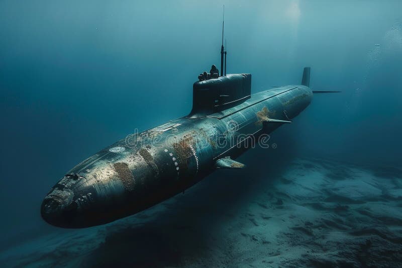 красивая большая подводная лодка, плывущая посреди океана во время миссии иллюстрация штока