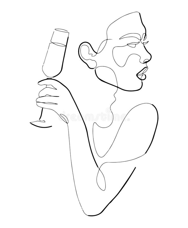 Beautiful girl holding a glass. Vector line illustration. One line art of a woman drinking wine from a glass. minimalist stylish art Vector. Beautiful girl holding a glass. Vector line illustration. One line art of a woman drinking wine from a glass. minimalist stylish art Vector