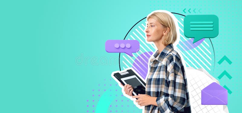 Beautiful blonde woman student holding tablet and clipboard, colorful text bubbles and e-mails. Copy space green background. Concept of education, communication and social media. Beautiful blonde woman student holding tablet and clipboard, colorful text bubbles and e-mails. Copy space green background. Concept of education, communication and social media