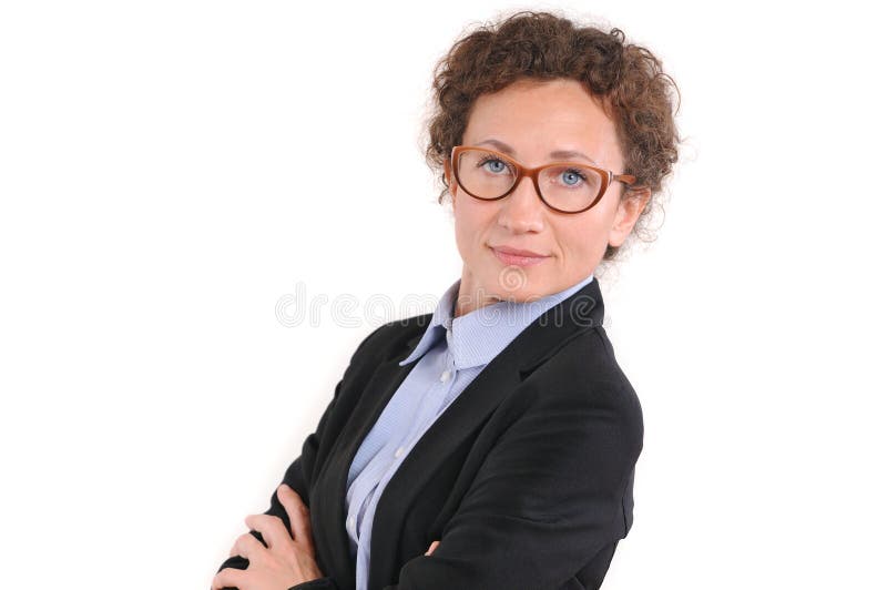 Beautiful mature business woman in glasses isolated over white background. Smiling curly hair business woman with folded hands against white background. Beautiful mature business woman in glasses isolated over white background. Smiling curly hair business woman with folded hands against white background