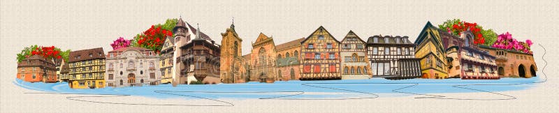 красивая церковная башня собора во французском городе Колмар. здание alsace. 'Колмар Петит Венис' узкая улица и традиционная иллюстрация штока