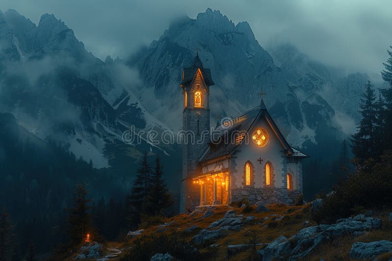 красивая церковь в горах. аи. иллюстрация вектора