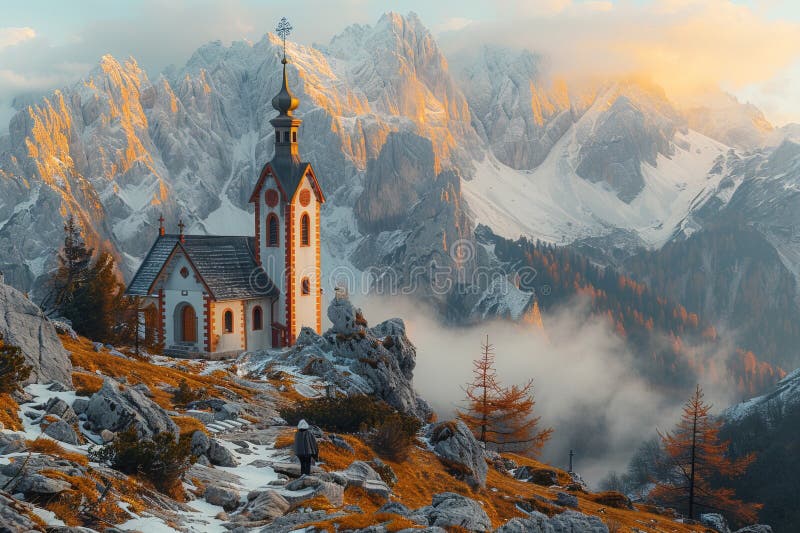 красивая церковь в горах. аи. иллюстрация вектора