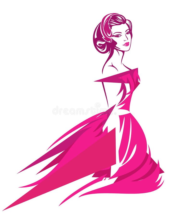 Beautiful woman with retro hairstyle wearing pink dress - glamorous fashion girl vector illustration. Beautiful woman with retro hairstyle wearing pink dress - glamorous fashion girl vector illustration