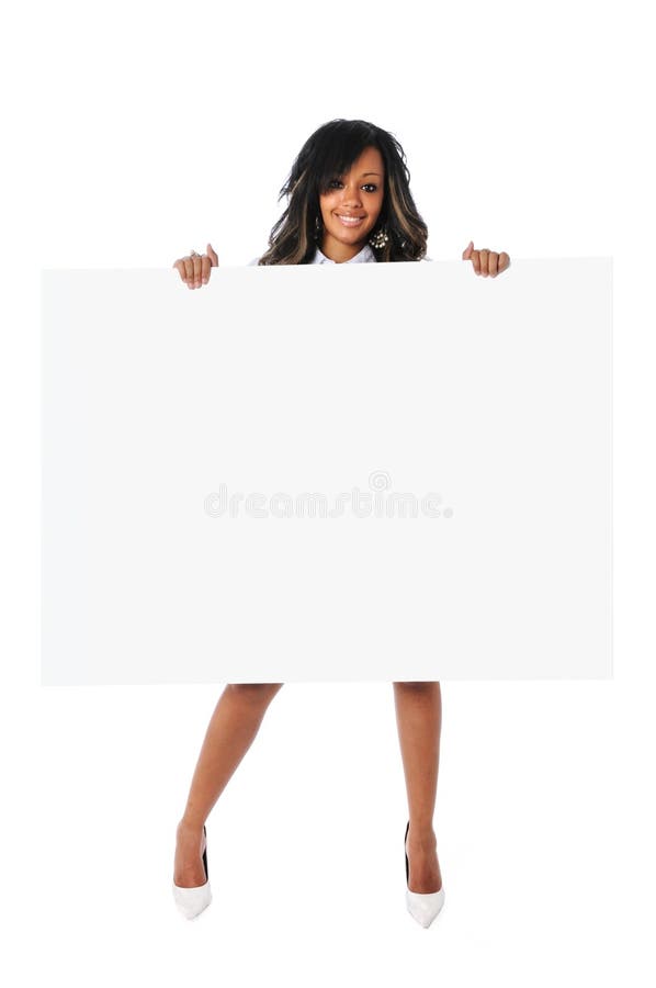 Beautiful African American woman holding sign. Beautiful African American woman holding sign