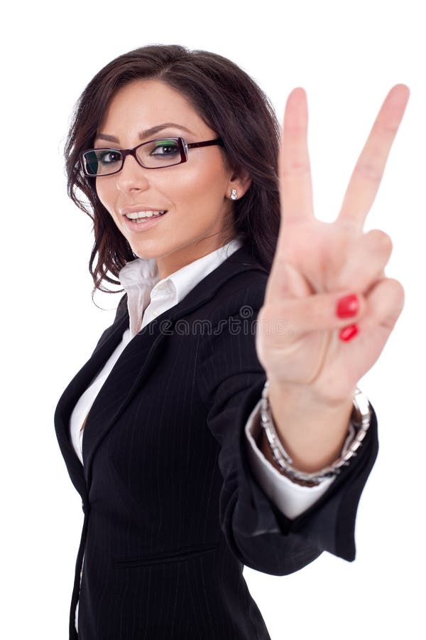 Portrait of happy beautiful business woman showing victory sign, isolated. Portrait of happy beautiful business woman showing victory sign, isolated