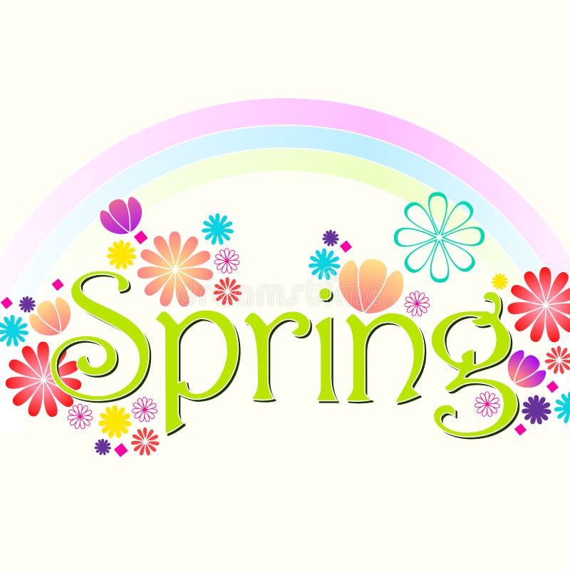 Слово весны в плоском дизайне с листьями и красочными цветками ...
