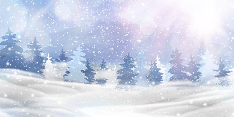Красивое рождество, снежный ландшафт полесья с снегом покрыло ели, coniferous лес, падая снег, снежинки для бесплатная иллюстрация