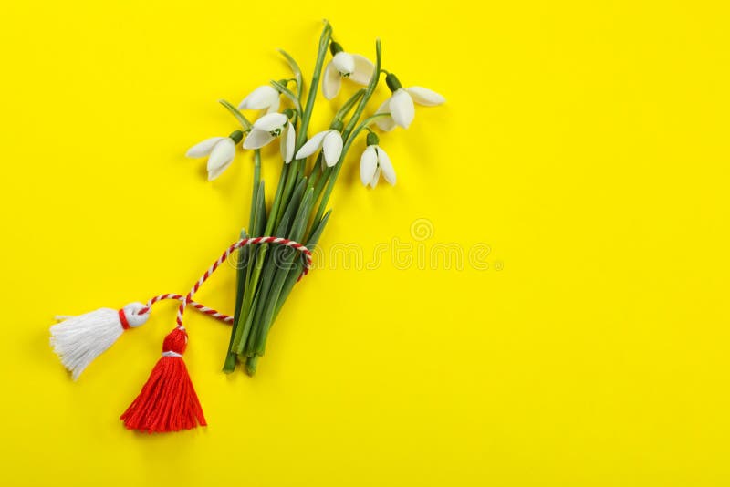 Красивые snowdrops с традиционным мэрцишор на месте желтой фона плоском и помещение для текста. Символ первого весеннего дня стоковая фотография