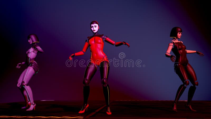 Красивые девушки, изучающий киборгов, танцующие на подиум в неоновом свете. Искусственный женский танец android. Мода искусственно