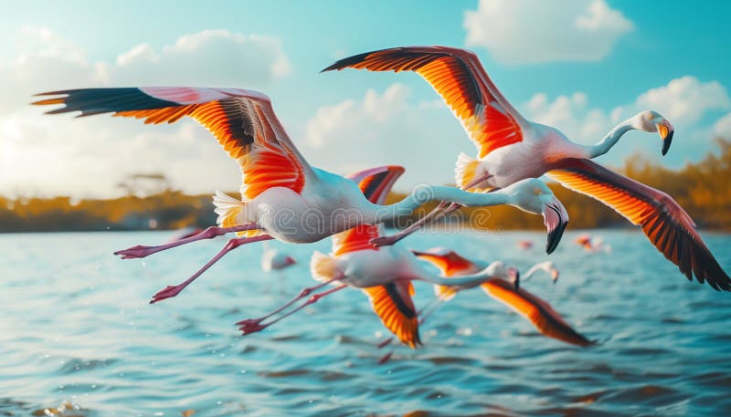 красивый кадр фламинго, крупное стадо, летящее над огромной водной поверхностью озера с живописным захватывающим закатом. захватыв иллюстрация вектора