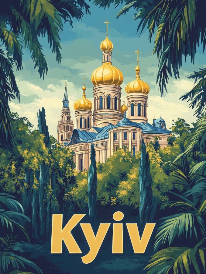 красивый киевский пейзаж с золотыми куполами и пышной зеленью под открытым небом иллюстрация вектора