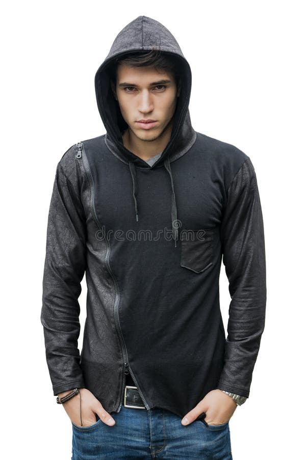 Красивый молодой человек в черном свитере hoodie изолированном на белизне стоковые фото Красивый молодой человек в черном свитере hoodie изолированном на белизне стоковые фото