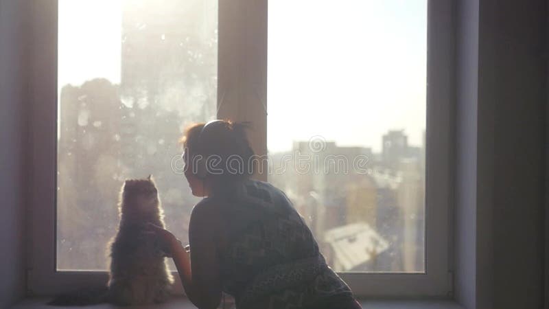 Красивый пушистый кот сидит на своих задних ногах и танцах с девушкой в наушниках против фона городского пейзажа