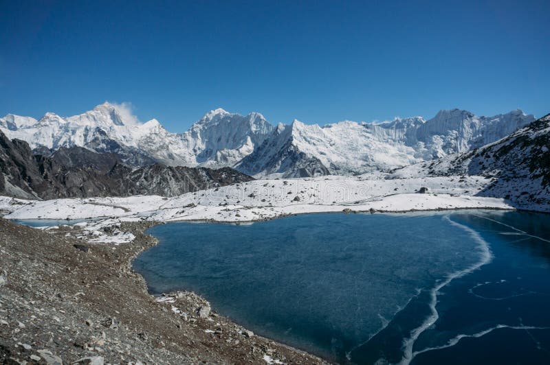 красивый сценарный ландшафт с снежными горами и озером, Непалом, Sagarmatha, стоковая фотография красивый сценарный ландшафт с снежными горами и озером, Непалом, Sagarmatha, стоковая фотография
