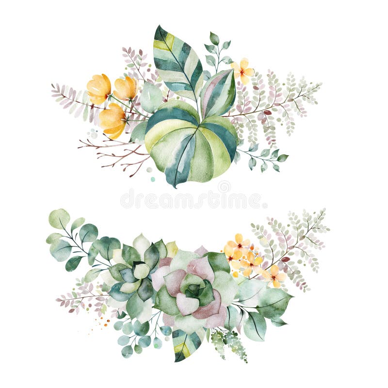 2 красивых букета с succulents, листьями ладони, ветвями, желтыми цветками и больше иллюстрация вектора 2 красивых букета с succulents, листьями ладони, ветвями, желтыми цветками и больше иллюстрация вектора