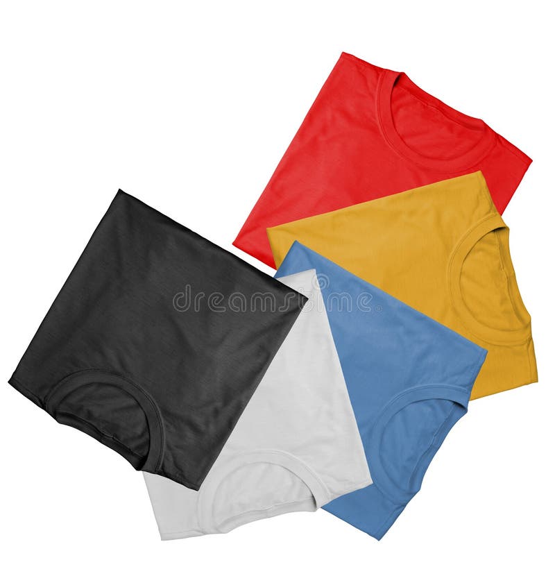 Five colored and folded shirts - black, white, blue, yellow and red. Five colored and folded shirts - black, white, blue, yellow and red