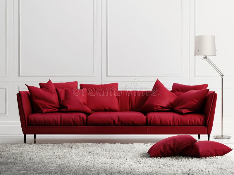 Red leather sofa in fresh contemporary white style interior. Red leather sofa in fresh contemporary white style interior