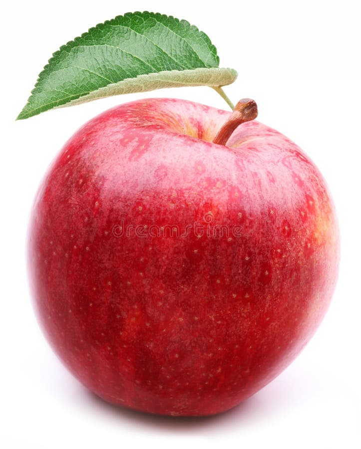 Красное яблоко с листьями.