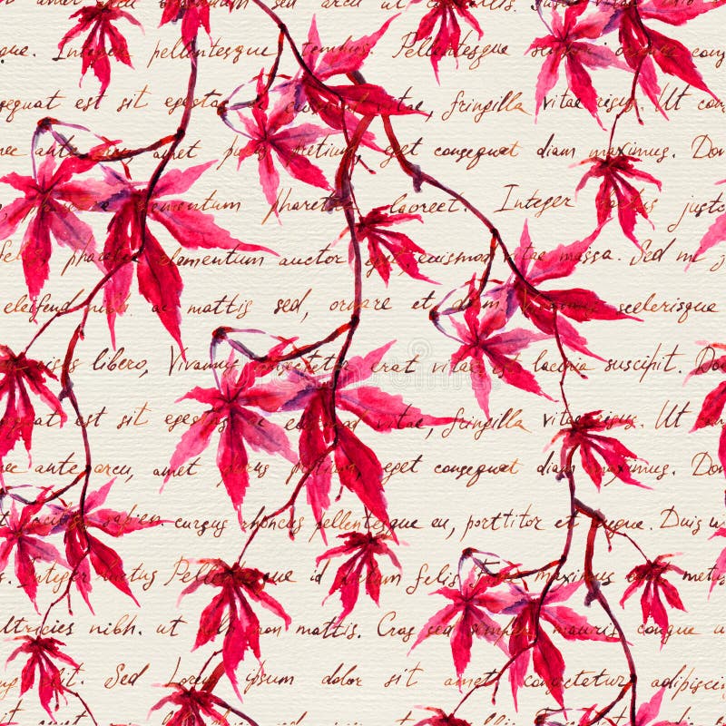 Japanese red maple leaves with vintage hand written text. Seamless asian pattern for fashion design. Watercolor. Japanese red maple leaves with vintage hand written text. Seamless asian pattern for fashion design. Watercolor