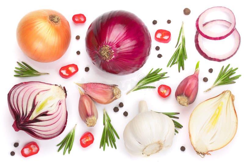 Red onions, garlic with rosemary and peppercorns isolated on a white background. Top view. Flat lay. Red onions, garlic with rosemary and peppercorns isolated on a white background. Top view. Flat lay.