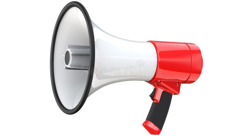 Red and white bullhorn public address megaphone. 3d rendering of mega phone, isolated on white background. Red and white bullhorn public address megaphone. 3d rendering of mega phone, isolated on white background