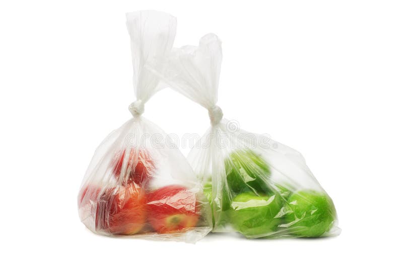 Two plastic bags of red and green apples on white background. Two plastic bags of red and green apples on white background